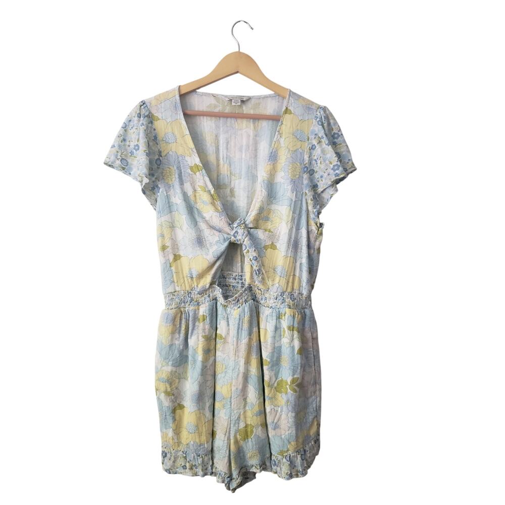 American Eagle Tie Front Floral Print Romper Blue Size Large